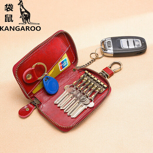 Kangaroo (KANGAROO) large capacity zipper key bag for men's waist-hung real cowhide women's general vehicle multi-function household key bag small wine red
