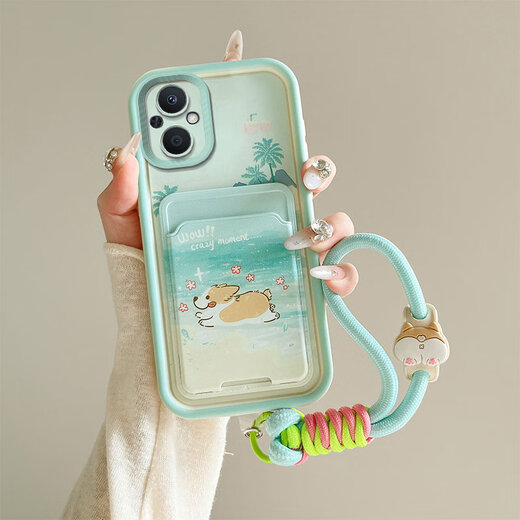Peno oppoA96 mobile phone case PFUM10 protective case matte full cover anti-fall silicone painted soft shell men and women cartoon cute card bag type protective case [Bo card bag] Kulomi + hand rope A96