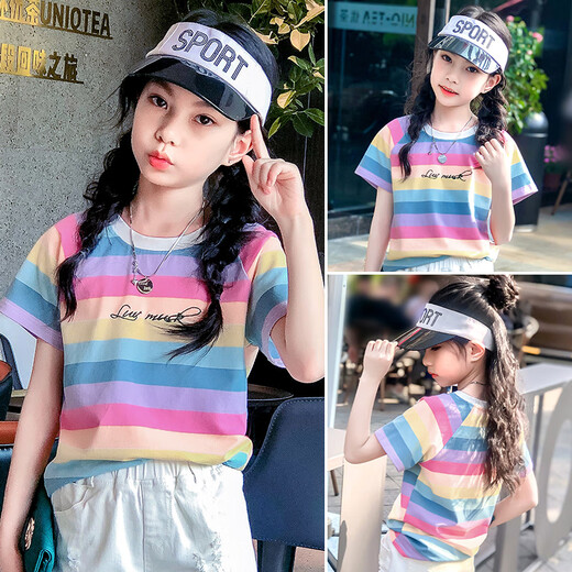 Pitt Pitt Girls Kurzarm T-Shirt Sommer 2025 Neue große Kinder Halbärmel Regenbogenstreifen t Kinder modisch Top Sommer 9889 Weiß 140 cm