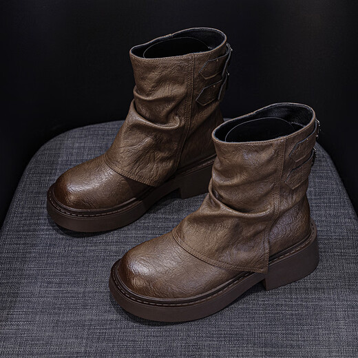 Jin Riman Martin Boots Frauen Kurzstiefel Frauen Frühling und Herbst Retro Western Cowboy Boots Frauen Lange Bootsgürtel Schnalle Hülle Ritterstiefel M2656 Brown 37