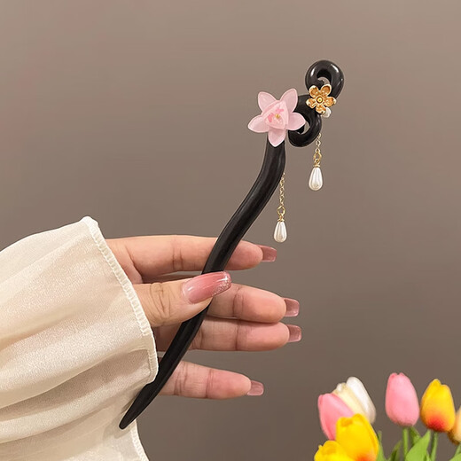 Red makeup flower hairpin for women, high-end Chinese style classical wooden hairpin, cheongsam accessories, updo hair ornaments, Christmas gifts, C1Y301 cherry blossom hairpin, 1-piece set