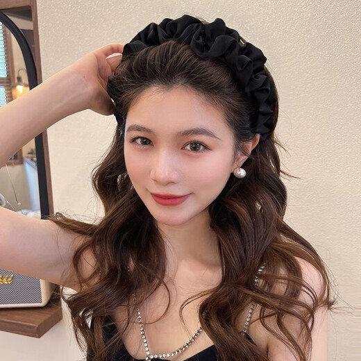 Meng Keduo high cranial pleated headband women's hairpin face wash headband high-end wide-brimmed versatile small headband for showing off the face High cranial cranial pleated headband black