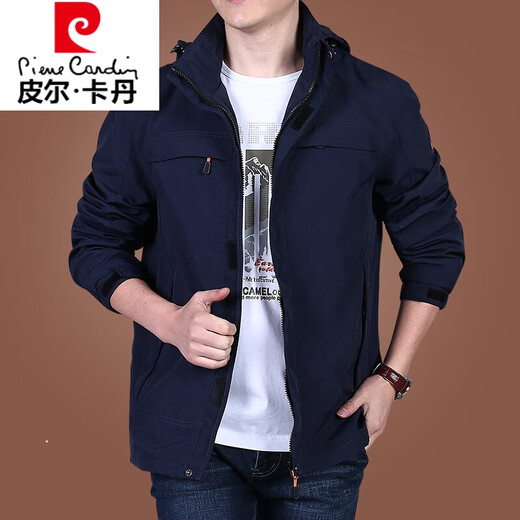 皮尔卡丹（pierre cardin）中年男士外套春秋款休闲夹克男2025新款冲锋.衣男秋装上衣针织 9898深蓝可卸帽-不加价 加绒 5XL 200规格(210斤左右)
