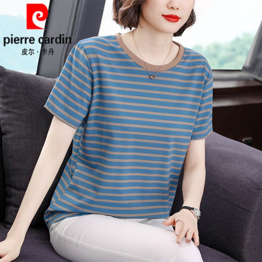 皮尔卡丹（pierre cardin）夏装短袖t恤女士纯棉中年妈l妈装2025新款大l码宽松遮肚子条纹针 688#短袖【宝蓝色】 XL 建议110-125斤