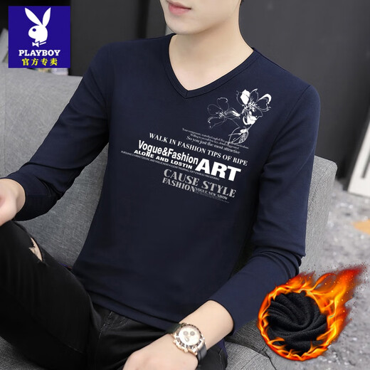 Playboy (PLAYBOY) velvet warm bottoming shirt men's slim V-neck long-sleeved t-shirt autumn and winter simple top sweetheart neck inner T-shirt white 9988 V-neck velvet XL