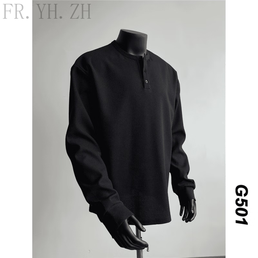 FR.YH.ZH2024 Autumn versatile Henry collar long-sleeved T-shirt men's casual sports waffle Polo shirt T-shirt top black XL