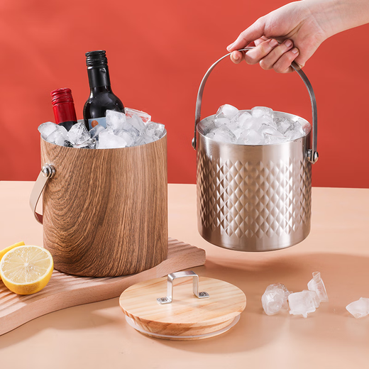 Yanxing Internet celebrity double-layer stainless steel ice bucket ice bucket bar ktv commercial beer bucket household storage bucket imported double-layer diamond + wooden lid 2L (free ice clip)