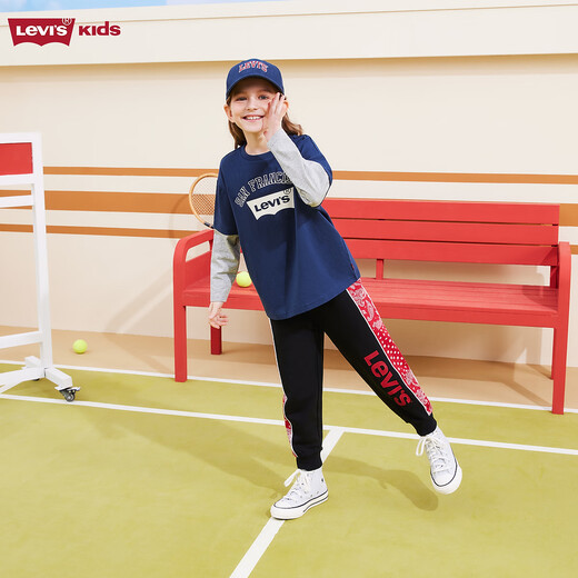 Levi s Levi's children's clothing for boys and girls pure cotton long-sleeved T-shirt spring and autumn holiday two-piece children's tops dark indigo 130/64 recommended height 116-122cm