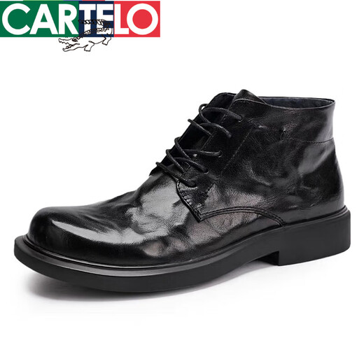 Cartelo Light Luxury High-End Herren-echte Leder Martin Boots Casual Fashion Short Stiefel Runde Zehenmitte schwarzer flacher Sölo-Stiefel Herrenschuh 6629-2 plus Samt, um warm 42 zu halten 42