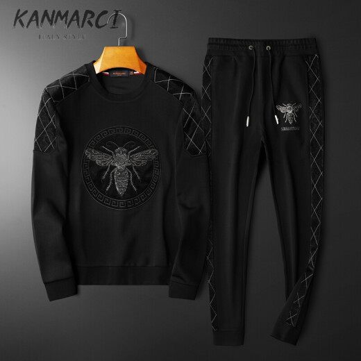 KANMARCI light luxury brand sports suit men's spring and autumn men's casual suit round neck fashion long-sleeved sweatshirt embroidered European and American two-piece set black XL