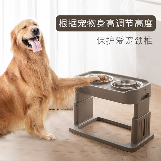 CLCEY small, medium and large dog bowl, stainless steel dog bowl, adjustable height, anti-tipping, dog protection, neck protection, dark blue three-speed adjustable dog bowl