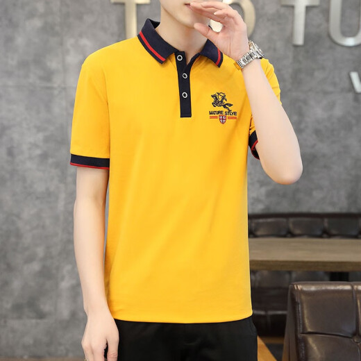 BABIBOYPOLO shirt men's stand collar fashionable British style short-sleeved T-shirt men's embroidered casual business slim versatile Paul shirt men's top yellow M