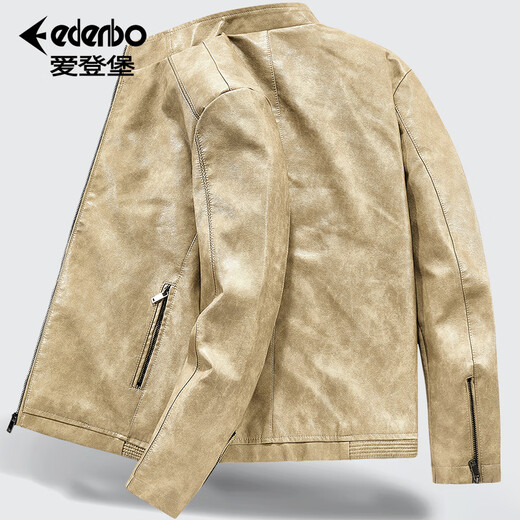 Edenbo/Attenborough plus velvet leather jacket autumn and winter men's stand-up collar fashionable casual leather jacket warm men's jacket coffee M