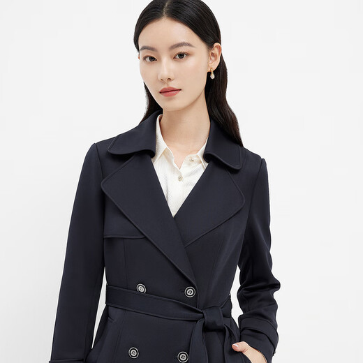 珂莱蒂尔双排扣风衣女中长款气质洋气防风休闲外套女新款 暗青紫色 S