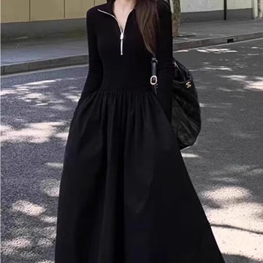 Miao Yijia Dress Women's Autumn Women's Skirt Knitted New High-end Long Skirt with Coat French Waist Slimming Black Zipper Long Sleeve A-Line Hepburn Style Dress XL Recommended 105-120 Jin Jin is equal to 0.5 kg
