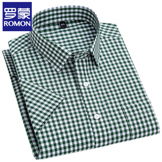 
ROMON 100% pure cotton men's plaid short-sleeved shirt for middle-aged and young casual cotton thin plus size half-sleeved shirt F983 green and white small plaid 42 [145-160Jin[Jin equals 0.5 kg]]