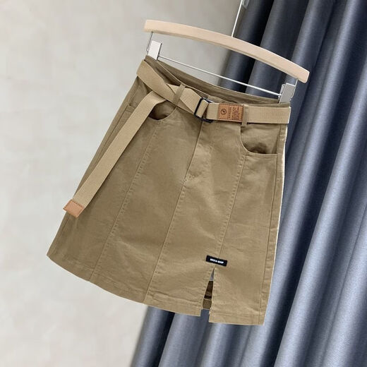 Pierre Cardin Falda corta de falda para mujeres en el otoño Nuevo empacado de cadera corto de cintura alta y anti-exposición A-linewear de mezclilla de mezclilla [calidad] 5012-khaki + corbata s Recomendada 85-95Jin [Jin equivale a 0.5 kg]