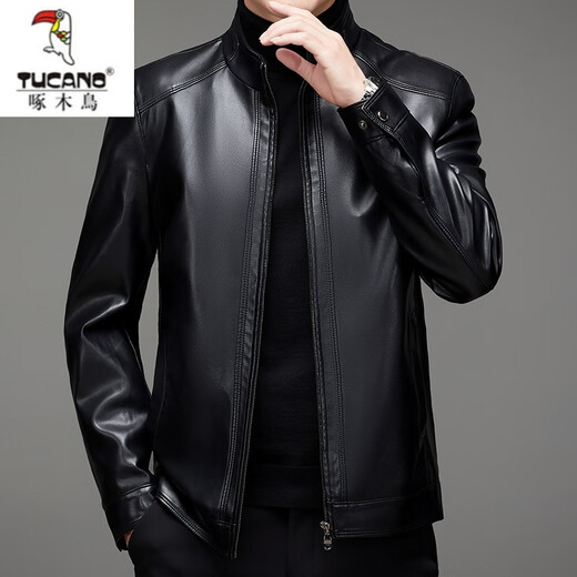 Woodpecker (TUCANO) Haining genuine leather jacket men's velvet thickened sheepskin plus fat plus size leather jacket dad jacket men's black velvet 175/L recommended 120-140Jin Jin equals 0.5 kg