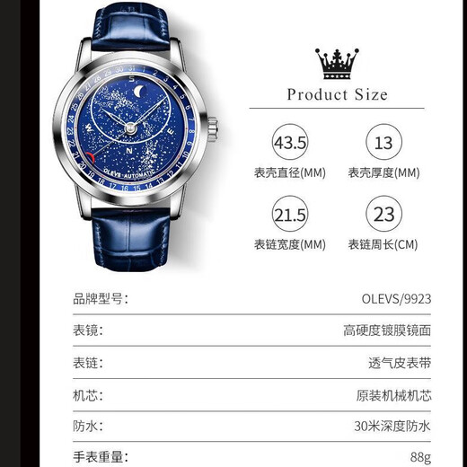 专柜手表全自动机械表抖音同款网红星空男士手表潮流夜光防水男表生日礼物送男友送老公 9923蓝皮本色星空蓝面男表