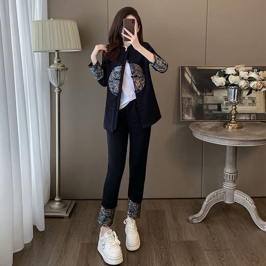 Fenling Herbst-Outfits Damenanzüge 40 bis 50 Jahre alt, hochwertiger, leicht fetter Tang-Anzug, neuer chinesischer Stil, Nationalstil 2024, neuer Frühlingsanzug 1048#, komplettes Set aus Hosen und Oberteil 4XL (empfohlen 160–180 Jin Jin entspricht 0,5 kg)