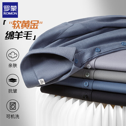 ROMON wool anti-wrinkle long-sleeved shirt men's spring and autumn professional workwear daddy shirt business casual shirt men's blue gray regular 41