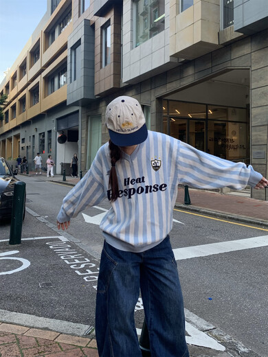 Style rabbit sweater for women 2024 autumn and winter new European and American jersey style striped V-neck trendy brand lazy style loose couple sweater blue and white striped equal size