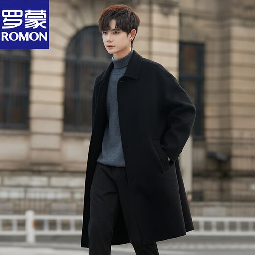 ROMON high-end 100% pure wool woolen coat men's double-sided wool coat mid-length knee-length winter thickened windbreaker black XL