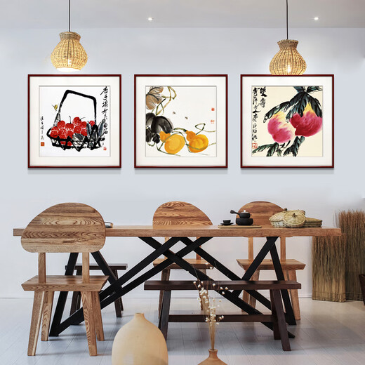 Zi Teng Suixuan Qi Baishi decorative painting new Chinese style living room background wall hanging painting bedroom dining room restaurant ink shrimp mural lotus A style 40*40cm mahogany color solid wood frame