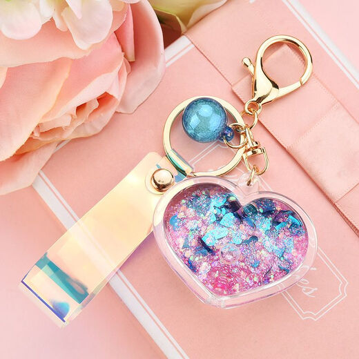 
School bag hanging chain for women creative acrylic into oil bottle quicksand love keychain glitter pink peach heart women Korean cute jewelry pink + fantasy beads + short fantasy color rope quicksand love heart