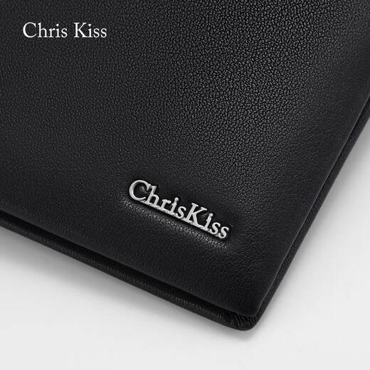 CHRIS KISS wallet men's genuine leather short chuck-layer cowhide wallet gift box high-end practical birthday gift for boyfriend and husband. First layer cowhide short black [counter gift box]