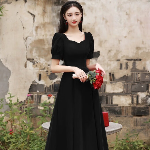 Li Baixin black evening dress annual meeting velvet light luxury niche high-end sense vocal music art test birthday banquet dress host black velvet long long sleeves M