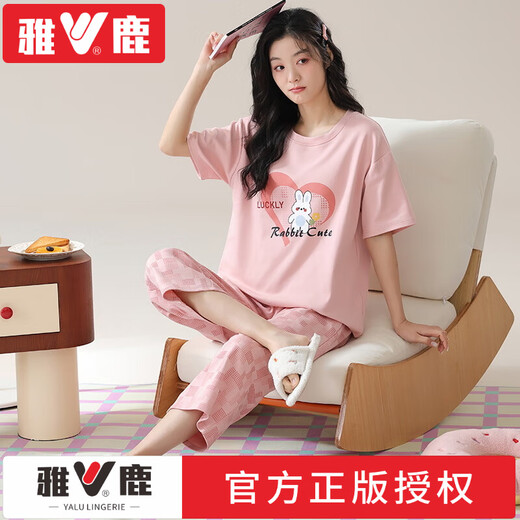雅鹿睡衣女士夏季纯棉V领短袖七分裤宽松休闲可外穿春家居服套装凉感 品牌T-9855(短裤套装) M (80-100斤)
