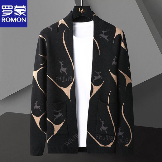 
ROMON knitted cardigan jacket for men spring and autumn 2025 new style sweater trendy casual handsome spring clothes WE9929 black 4XL