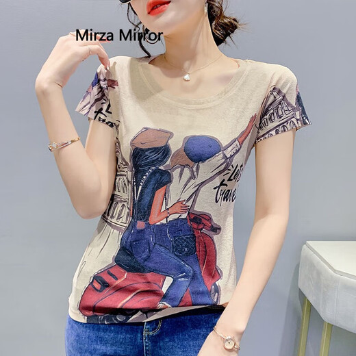 蜜莎蜜拉（Mirza Mirror）2024夏季新款欧货修身半袖上衣女洋气显瘦创意卡通印花短袖T恤潮 7029# S