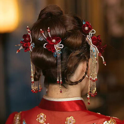 Jingli Jingda Xiuhe tiara female bride toasting attire Chinese ancient costume hair accessories red simple and elegant wedding high-end accessories red Xiuhe suit-ear clip style