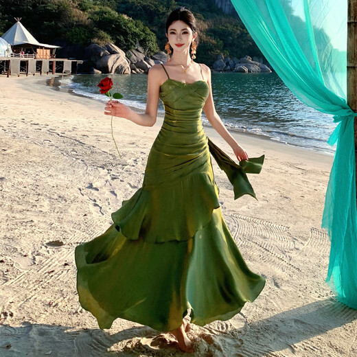 Zhanyuan Mermaid Large Skirt Ruffled High-End Suspender Dress Birthday Reception Adult Wedding Toast Wear Dress Long Skirt Green Ready Stock S