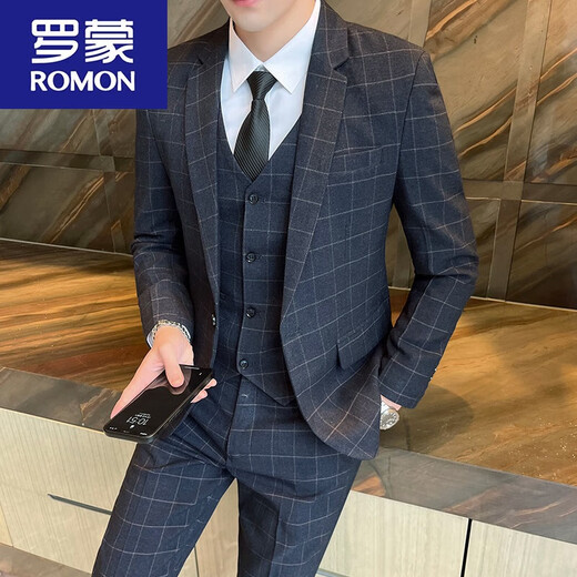 ROMON Men's Suit Korean Style Plaid Formal Casual Groom Wedding Suit Jacket Slim Groomsman Dress Blue Single Piece Suit Jacket with Tie M