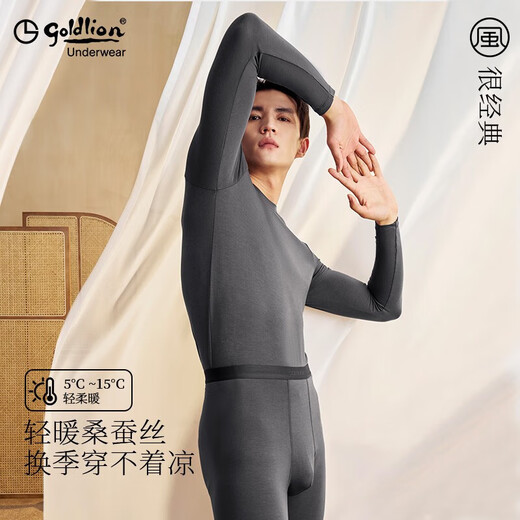 金利来桑蚕丝秋衣秋裤男套装秋季上新轻暖保暖内衣男套装打底保暖套装 含真丝圆领-炭灰 XL/175