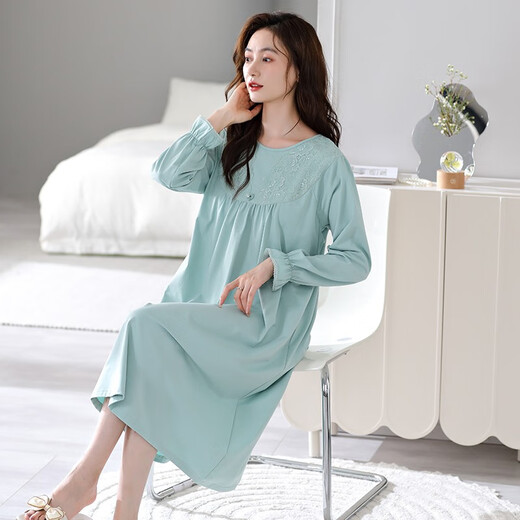 Camisco de beso de clolvas con almohadilla de cofre para mujeres en primavera y otoño Nuevo algodón puro de algodón de algodón largo pijamas Las mujeres pueden usar ropa casera afuera en otoño 673 ola verde (con almohadilla de cofre) l [160-165C100-125Jin [Jin equivale a 0.5 kg]]