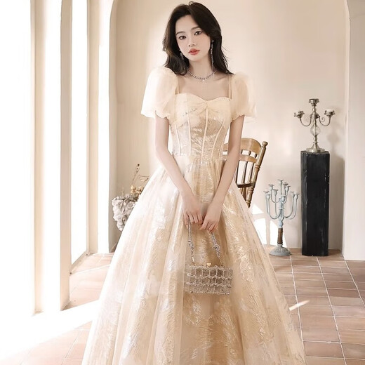丽佰昕法式晚礼服女高级感香槟色高端轻奢小众仙气轻纱主持人声乐艺考裙 香槟色 3XL  建议130-135斤
