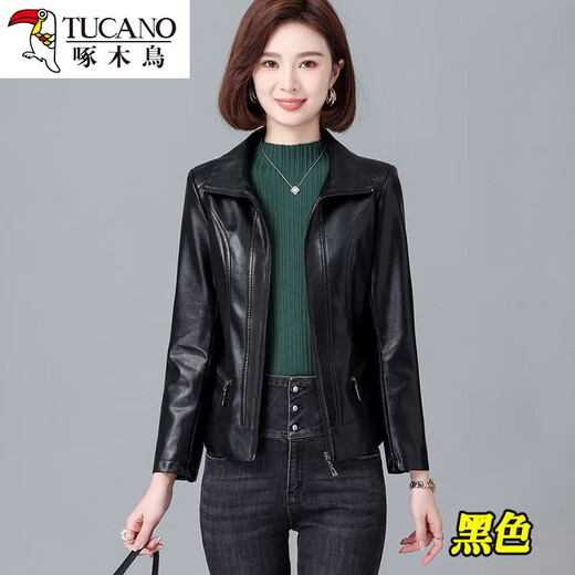 Woodpecker Haining Genuine Leather Jacket Women's Short 2024 Spring and Autumn New Middle-aged Mom Sheepskin Jacket Black XL 112-123Jin Jin is equal to about 0.5 kg