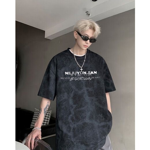 Black Box White American Tie-Dye Kurzärärmelte T-Shirt für Männer 2025 Sommerkleidung Herrenmodemarke Schwere, halbärmelige Paar T-Shirt für Männer, Weiß regelmäßig [Vorgeschlagen, eine größere Größe zu nehmen] l [110-130jin [Jin gleich 0,5 kg]]]