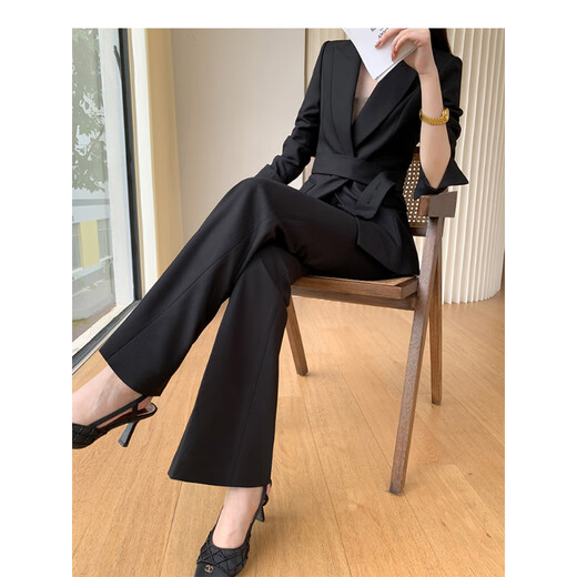 Sugargirl spring and autumn black suit set for women fashion high-end professional formal wear host casual versatile suit jacket 2694 black six-button suit + pants M