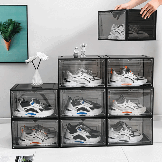 Acrylic shoe box fully transparent magnetic hard plastic transparent drawer type shoe box shoe storage box plus front door transparent black 20 pieces