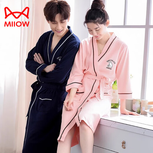 Cat Man (MiiOW) pure cotton nightgown couple style 2025 summer thin sexy bathrobe spring and autumn long clip sleeves men D6167 men sky blue (summer thin style) XL