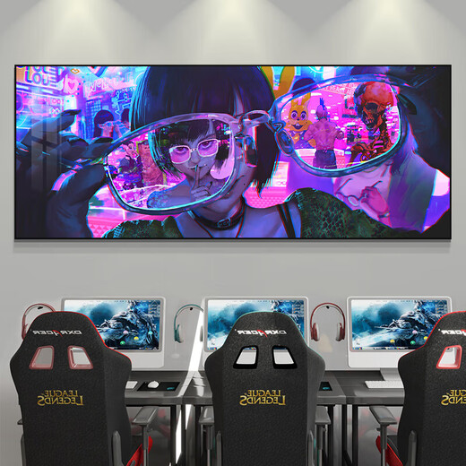 电竞房间装饰网咖网吧墙面挂画赛博朋克风酒店电脑房背景布置壁画 HJ14110 90*225CMJ2#拉丝铝合金框谜夜