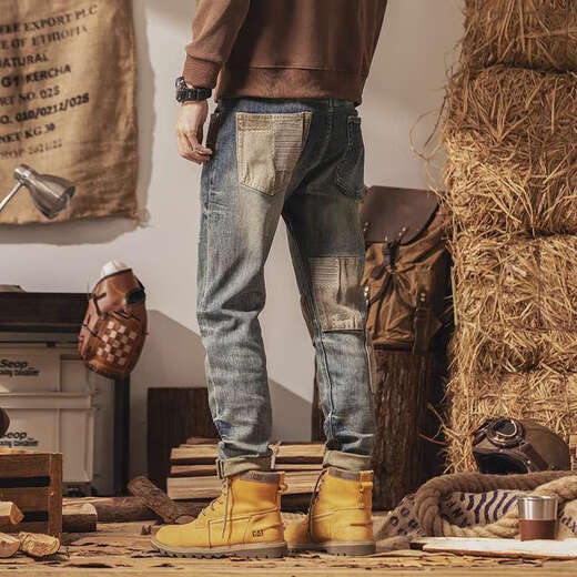 Western Camel (Vancamel) Spring and Summer Brand Trendy Brand American Jeans American Jeans Men Small Straight Foot Retro Retro Ripped Patch Pants Trendy H9735 Blue Jeans 28