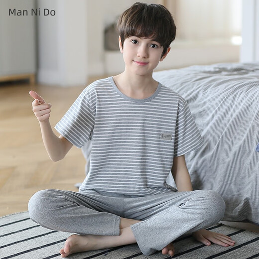 MANNIDO SOMMER SUMMER KINDER PURE COUTWOLLE Kurzärärmische Hosen atmungsaktiven Pyjamas für Jungen und Jungen Hauskleidung Baumwolle große Kinderklimaanzug N9902 [kurze Länge] 175 größere Version L Größe [Gewicht 120-130]