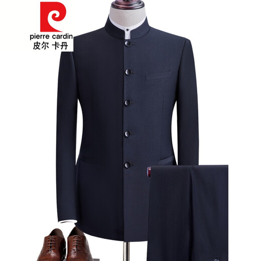 Pier Cardin Frühling und Herbst Zhongshan Anzug Hersteller mittlerer und junger chinesischer Stand-up-Halsband Anzug Korean Slim Bräutigam Chinesische Kleid versteckte Knopf Black 687 Zweiteteset 170/114