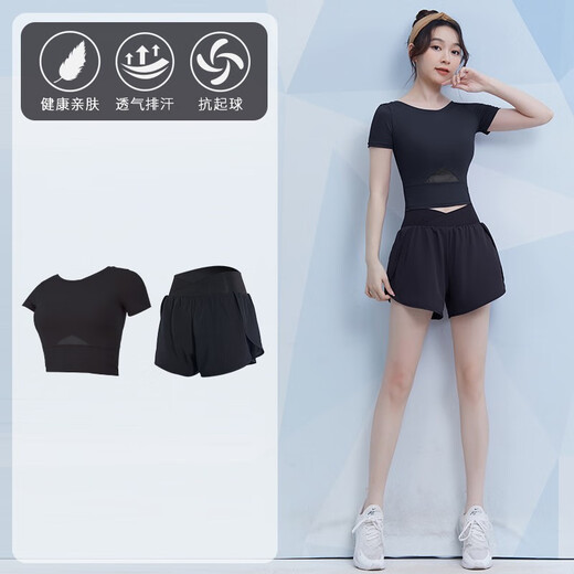 Vansydical fitness wear women's summer short-sleeved sports suit thin running quick-drying top slimming Pilates training yoga wear black two-piece set TC62917 M (recommended 95-105Jin Jin equals about 0.5 kg)